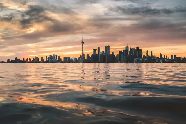 Toronto skyline from the lake at sunset