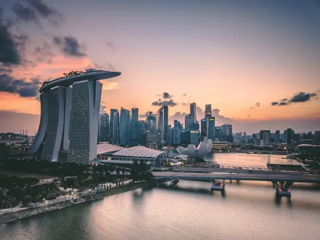 Marina Bay skyline in Singapore at sunset