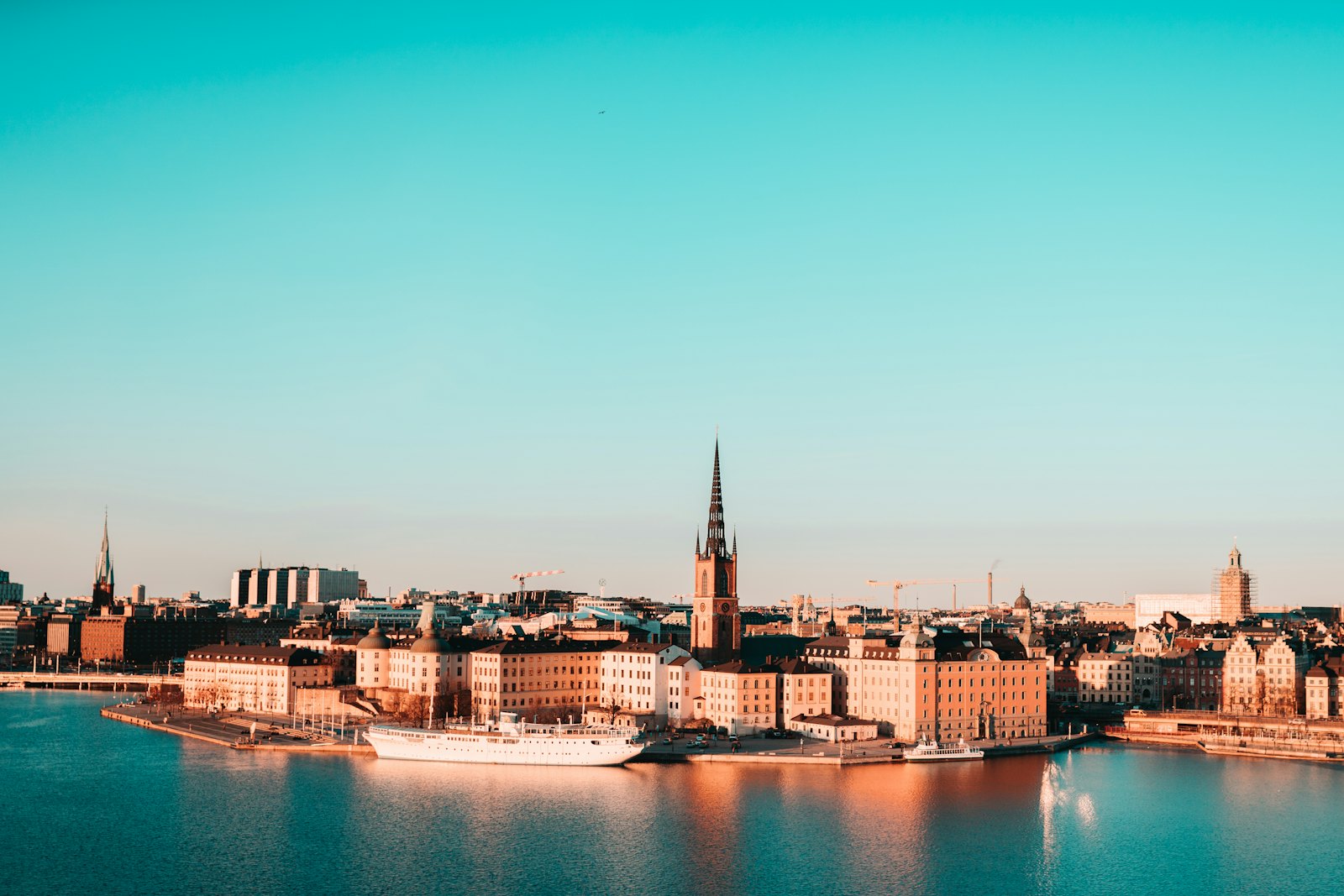 Stockholm skyline over the water, with Gamla stan and the City Hall tower